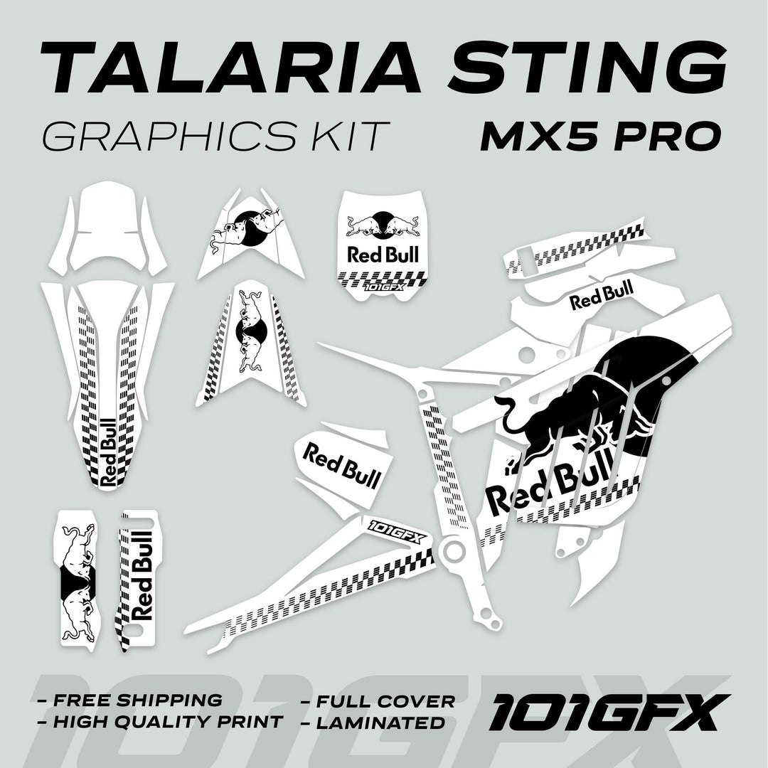 Talaria Sting MX5 PRO Graphics Kit RBULL MONO White Black Decals featuring Red Bull logo, full-coverage stickers for dirt-bike, promoting features like free shipping and easy application.