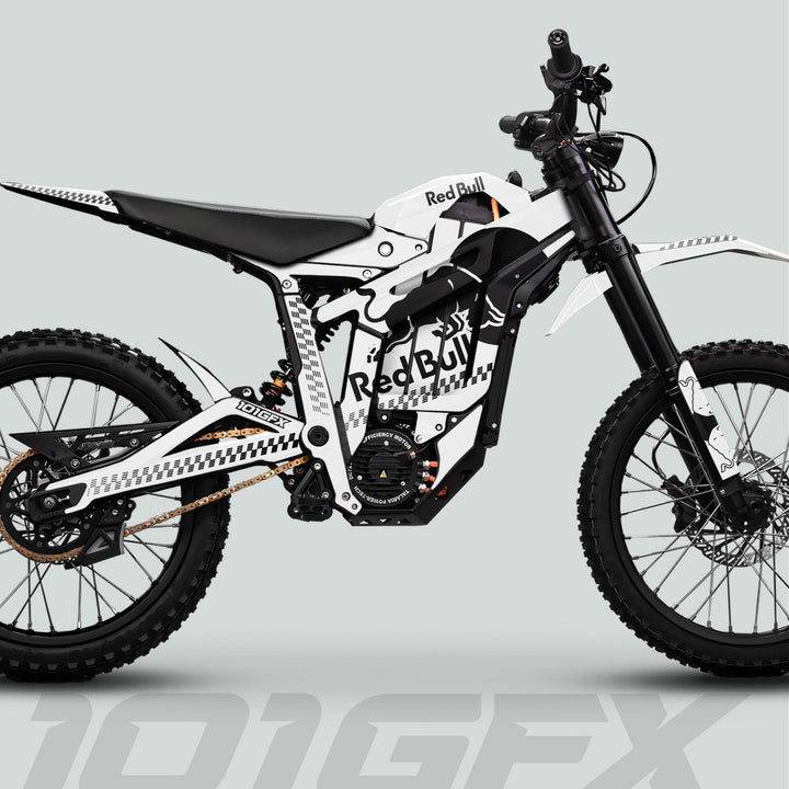 Red Bull–liveried Talaria Sting MX5 PRO with knobby tires, showcasing the RBULL MONO Graphics Kit for enhanced style and durability.