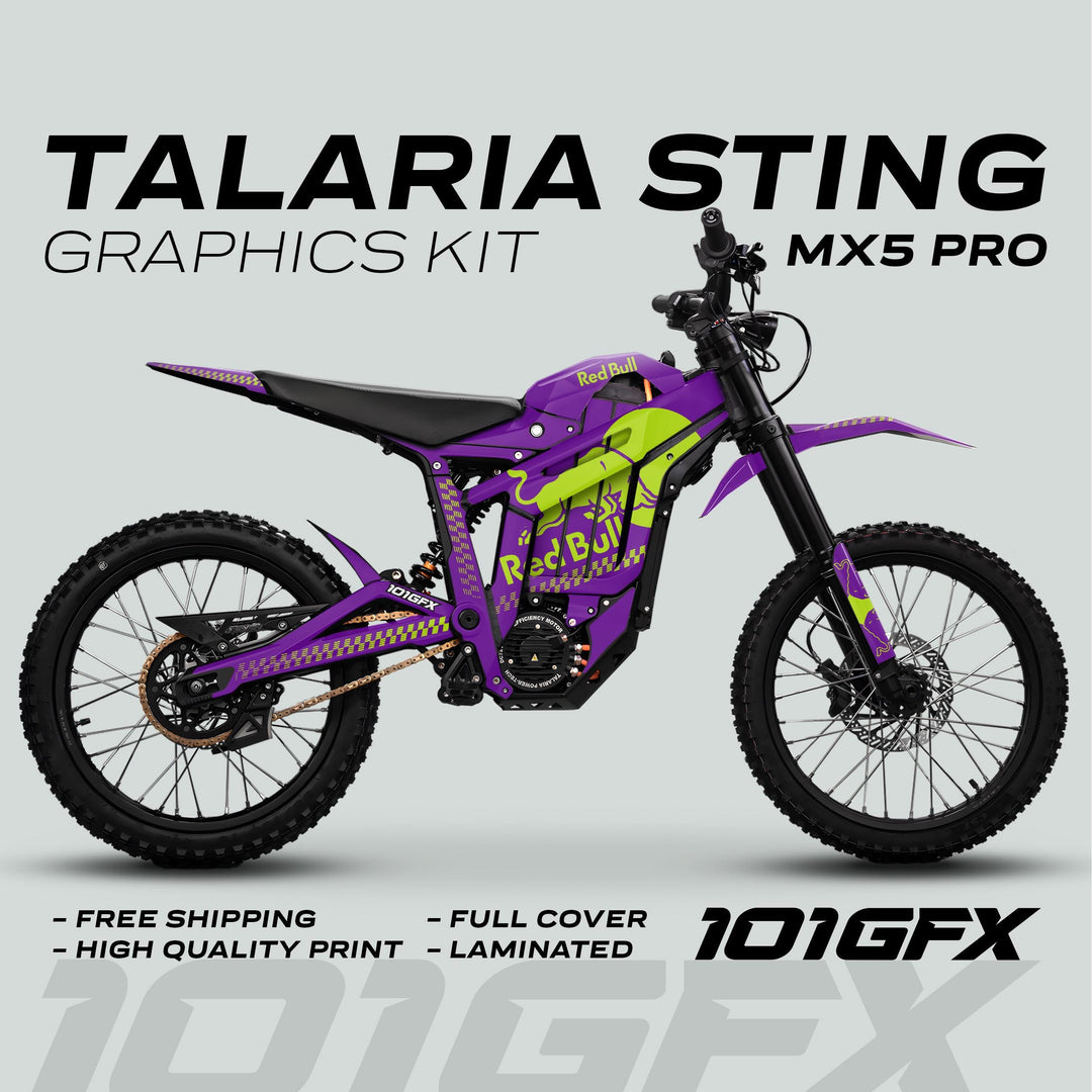Talaria Sting MX5 PRO Graphics Kit RBULL MONO Purple Green Decals on bike side view; features bold Red Bull design, full coverage, and 101GFX logo.