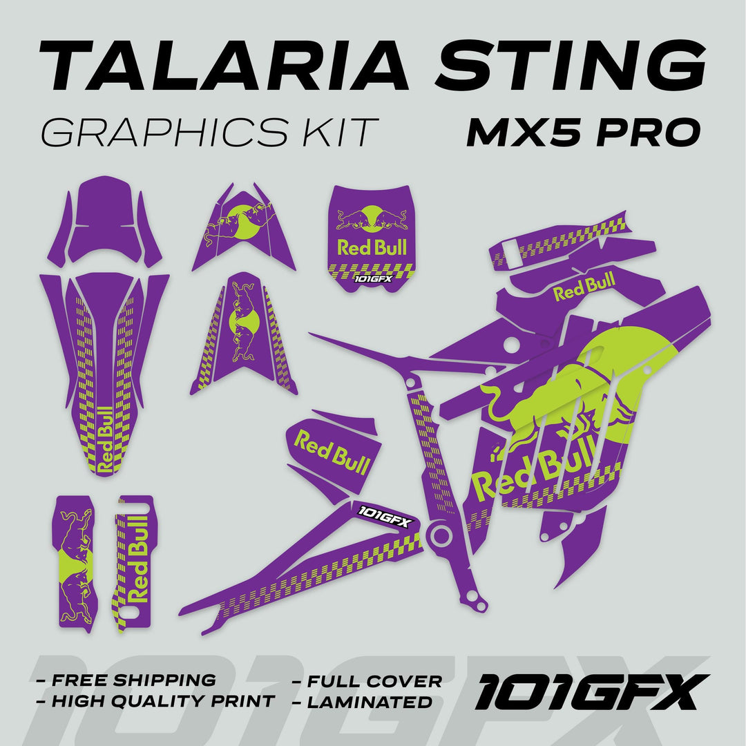 Talaria Sting MX5 PRO Graphics Kit RBULL MONO Purple Green Decals, showcasing full-coverage pieces for body panels, fenders, forks; highlights include free shipping, laminated finish.