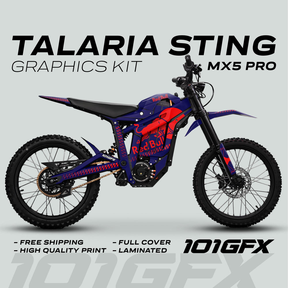 Talaria Sting MX5 PRO Graphics Kit with Red Bull-style decals, showcasing full coverage and durability, highlighted by Free Shipping and High Quality Print features.
