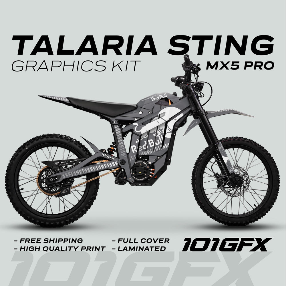 Talaria Sting MX5 PRO Graphics Kit RBULL MONO Grey White Decals on electric bike; features include full coverage, high quality, free shipping, and laminated finish.
