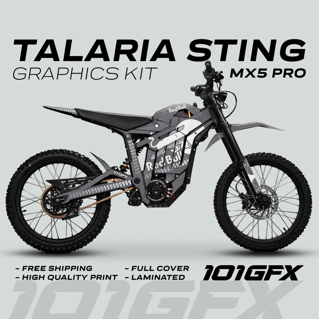 Talaria Sting MX5 PRO Graphics Kit RBULL MONO Grey White Decals on electric bike; features include full coverage, high quality, free shipping, and laminated finish.