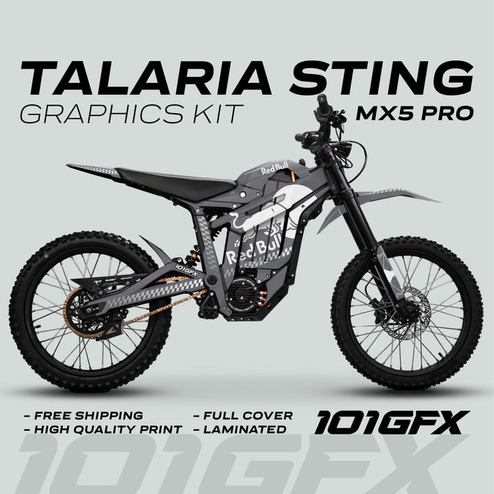 Talaria Sting MX5 PRO Graphics Kit RBULL MONO Grey White Decals on electric bike; features include full coverage, high quality, free shipping, and laminated finish.