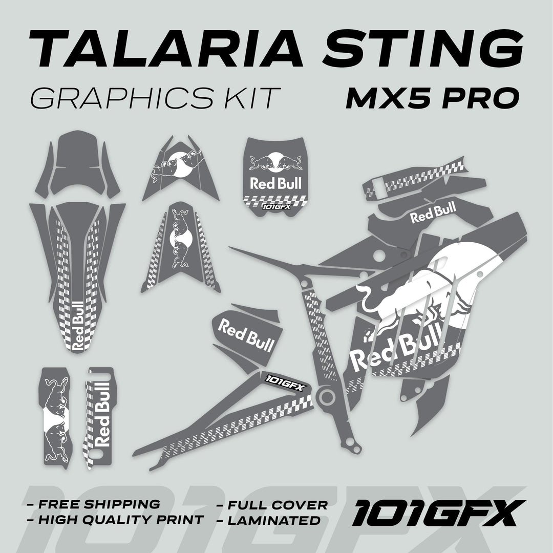 Talaria Sting MX5 PRO Graphics Kit RBULL MONO Grey White Decals featuring Red Bull–style logos, checkered patterns, and labeled components for full bike coverage.
