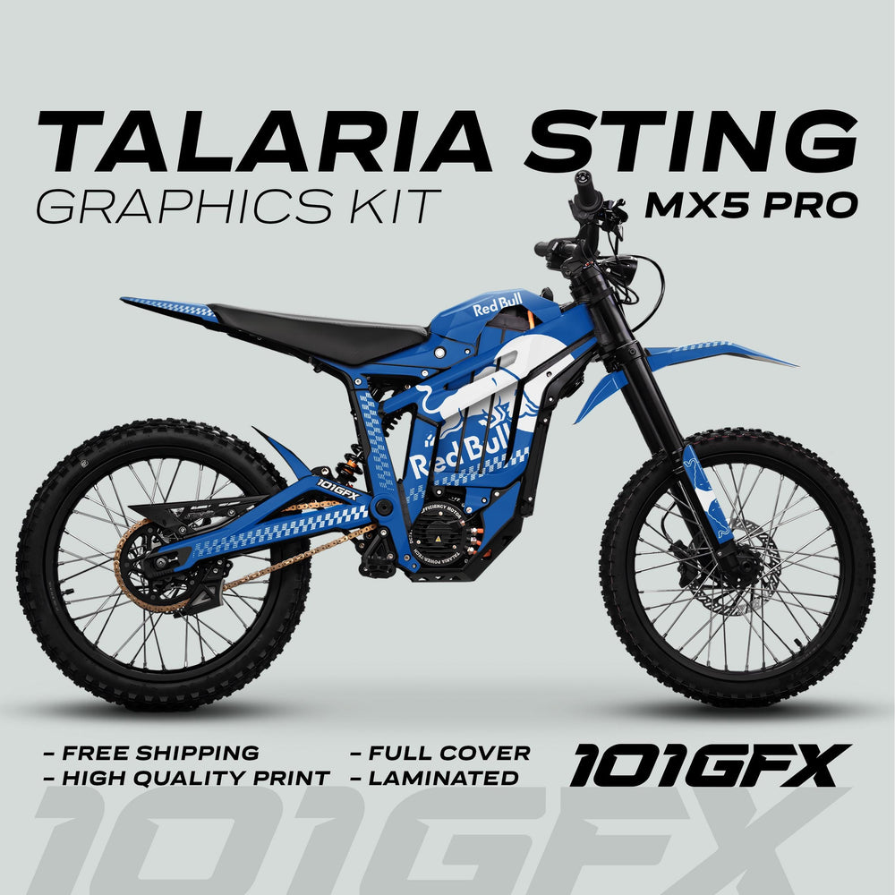 Talaria Sting MX5 PRO Graphics Kit RBULL MONO displayed in a blue-white wrap with promotional features like free shipping and high-quality print. 101GFX logo visible.