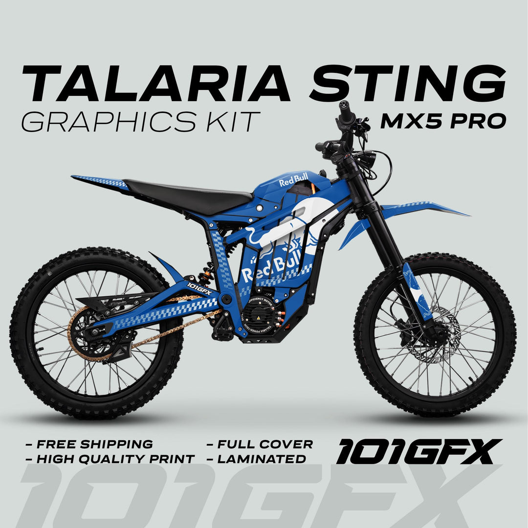 Talaria Sting MX5 PRO Graphics Kit RBULL MONO displayed in a blue-white wrap with promotional features like free shipping and high-quality print. 101GFX logo visible.