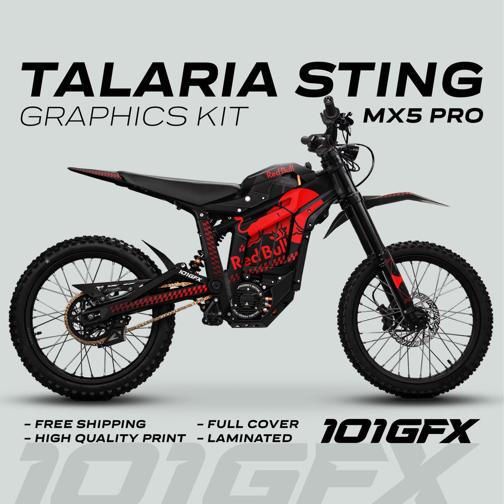 Talaria Sting MX5 PRO Graphics Kit features Red Bull-style decals on a black bike, highlighting “Free Shipping” and “High Quality Print” benefits.