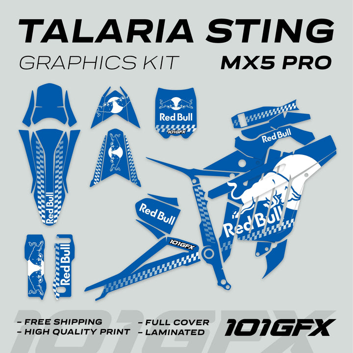 Talaria Sting MX5 PRO Graphics Kit RBULL MONO, featuring blue and white decals with Red Bull–style logos, showcasing full coverage for e-bike transformation.
