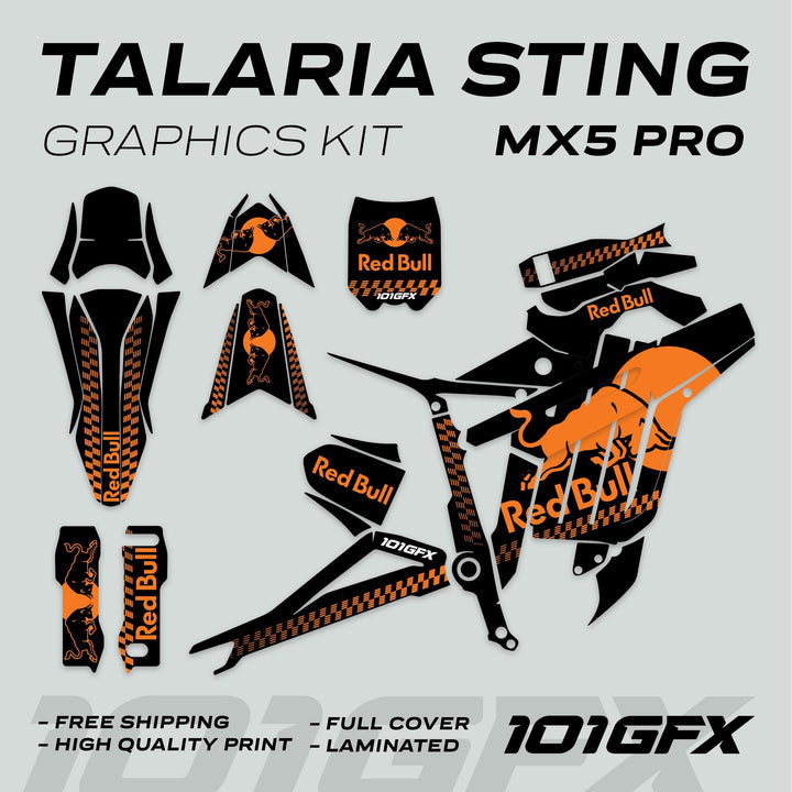 Talaria Sting MX5 PRO Graphics Kit RBULL MONO features Red Bull-themed vinyl decals with checkerboard accents, ensuring full coverage and easy application for a stylish transformation.