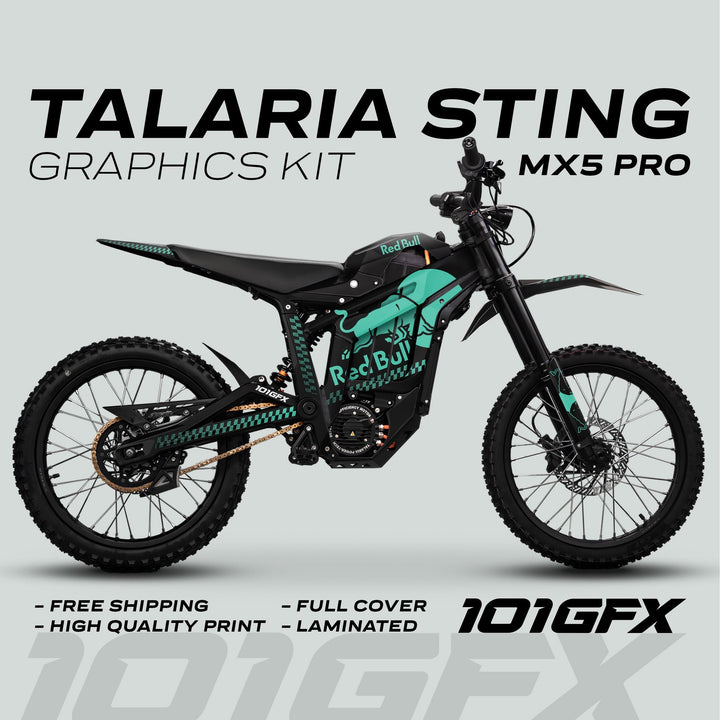 Talaria Sting MX5 PRO Graphics Kit RBULL MONO Black Mint Decals, featuring a teal-and-black livery on an electric dirt-bike, highlighting full cover and high-quality laminated finish.