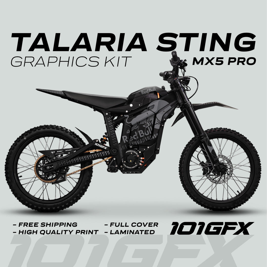 Talaria Sting MX5 PRO Graphics Kit with Red Bull-inspired wrap on a black bike, showcasing full coverage, high-quality print, and easy application. 101GFX logo visible.