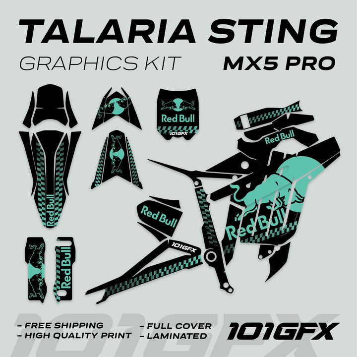 Talaria Sting MX5 PRO Graphics Kit RBULL MONO Black Mint Decals featuring Red Bull logos, charging-bull icons, and 101GFX branding for a full-cover dirt bike transformation.