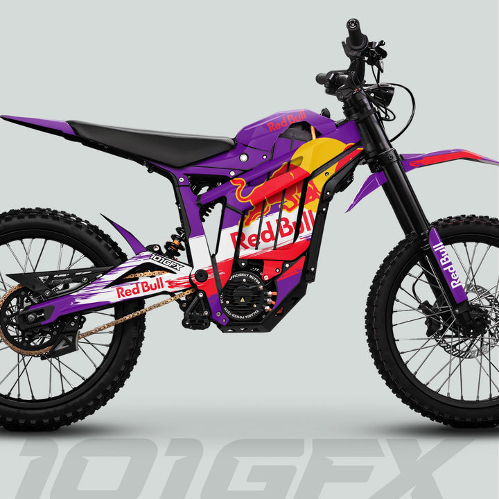 Side-view of a dirt bike with Talaria Sting MX5 PRO Graphics Kit RBULL RACE Purple Decals, showcasing Red Bull branding and off-road features like knobby tires.