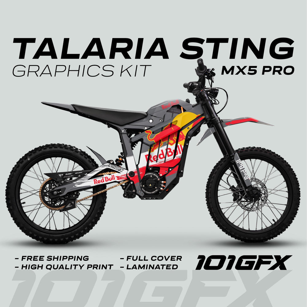 Talaria Sting MX5 PRO Graphics Kit featuring Red Bull-style decals, highlighting free shipping, high-quality print, full cover, and laminated finish by 101GFX.