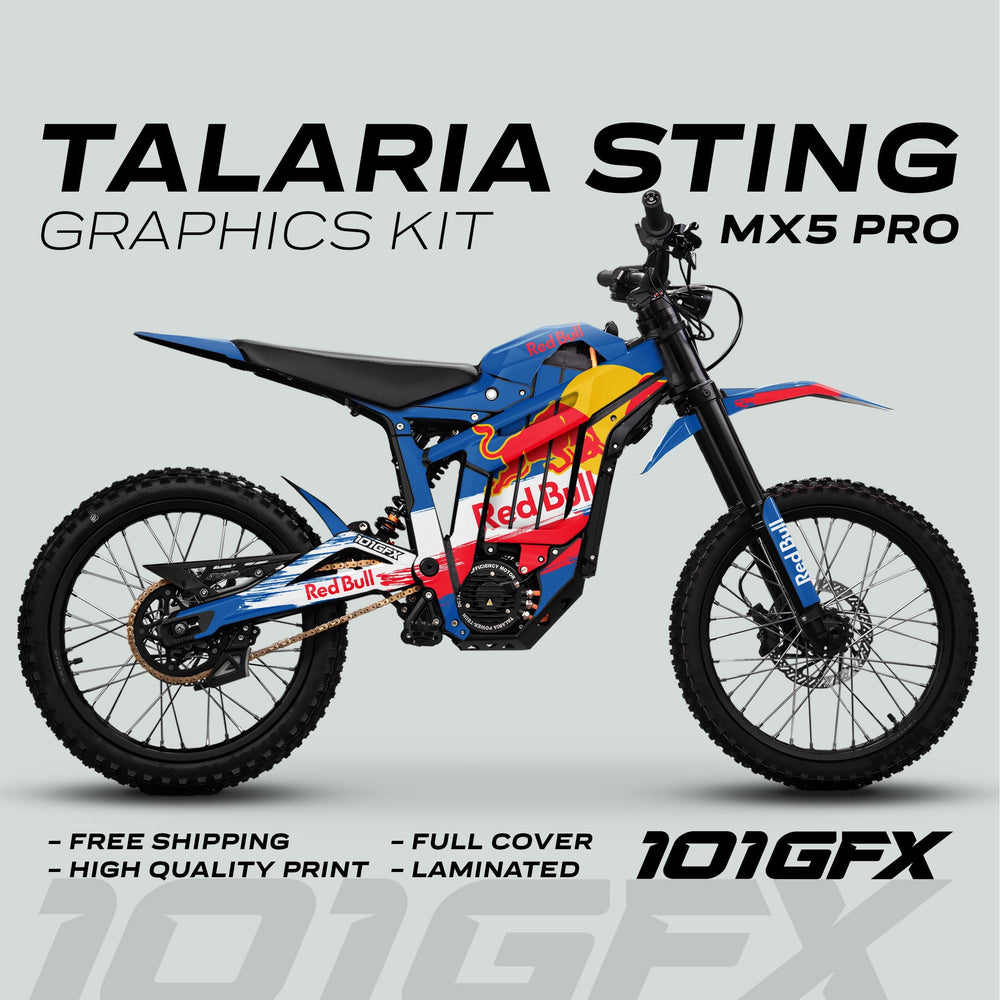 Talaria Sting MX5 PRO Graphics Kit RBULL RACE Blue Decals on electric bike, showcasing custom vibrant Red Bull–style livery with selling points: free shipping, high quality, full cover, laminated.