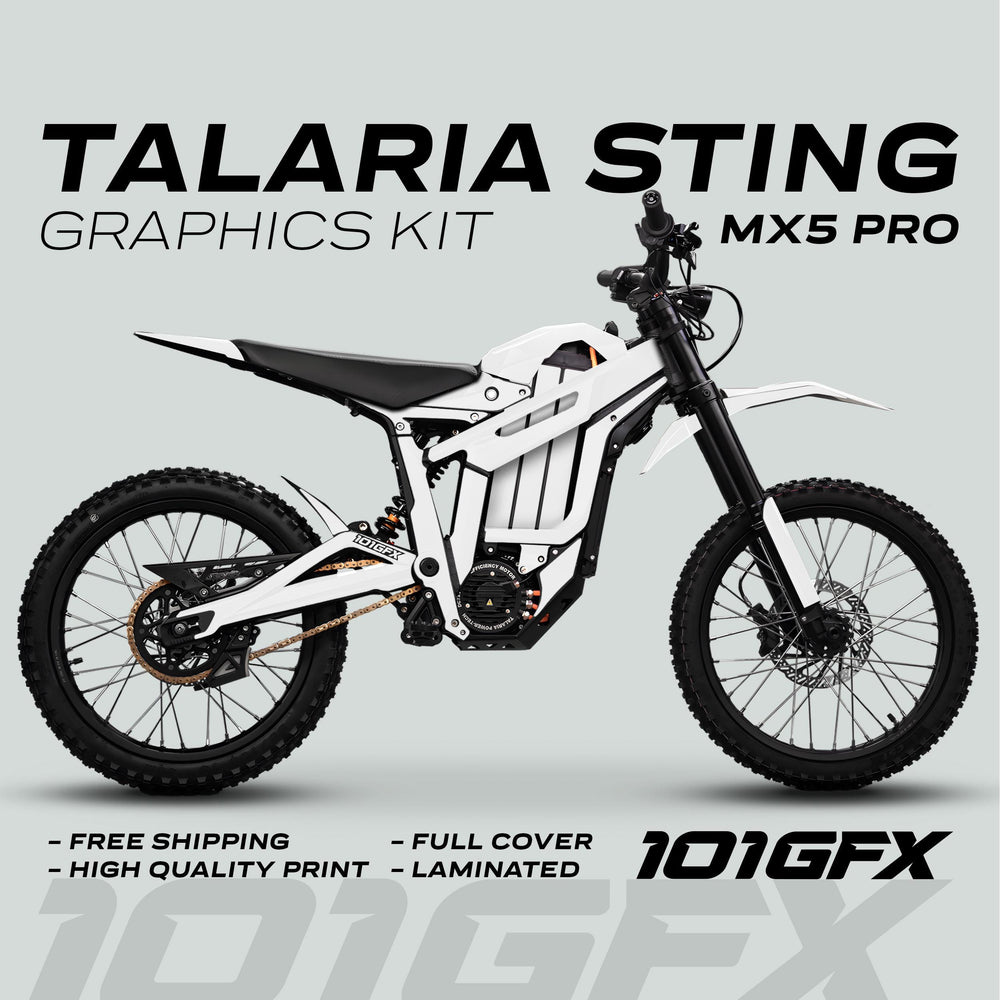Talaria Sting MX5 PRO Graphics Kit SOLID COLOR White Decals shown on an electric dirt-bike, highlighting full coverage, durability, easy application, and free shipping.