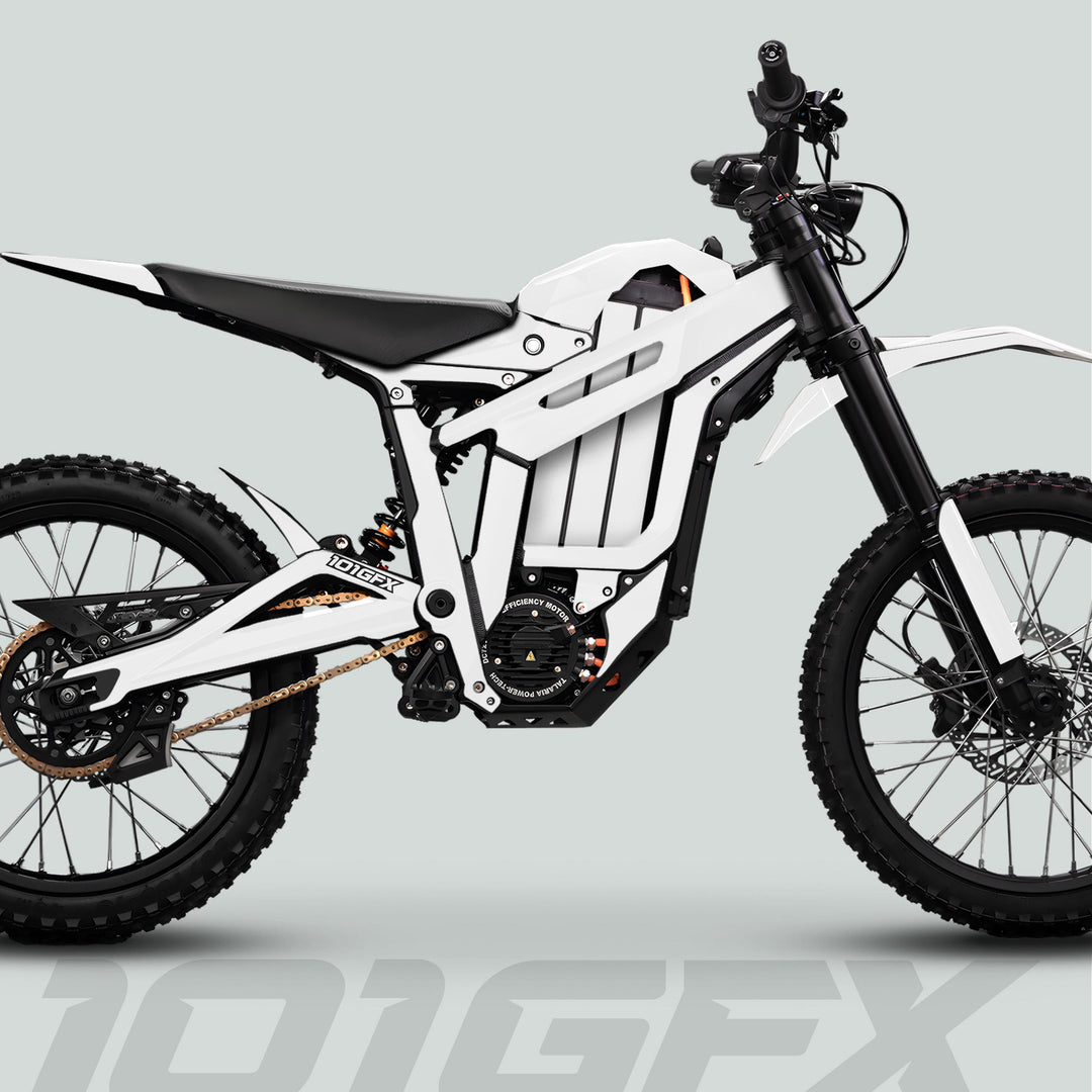 Talaria Sting MX5 PRO Graphics Kit SOLID COLOR White Decals on a modern electric dirt bike, showcasing its sleek design and durable, stylish coverage for off-road adventures.
