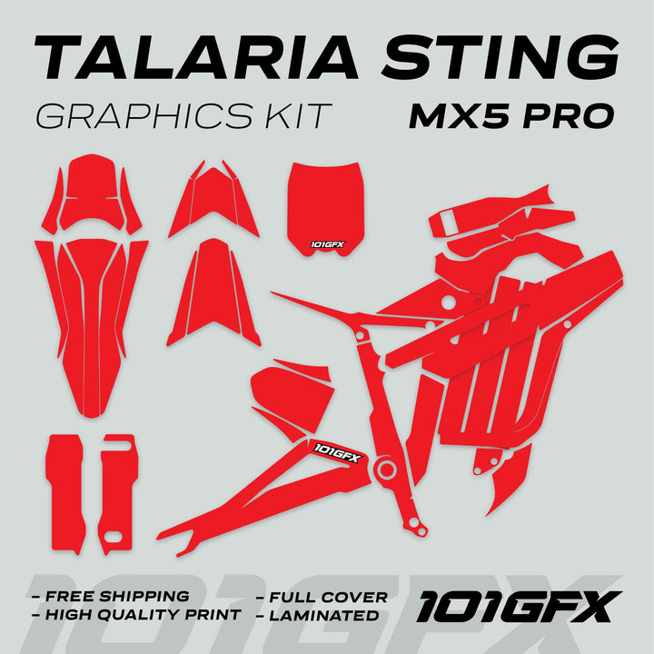 Talaria Sting MX5 PRO Graphics Kit with SOLID COLOR red decals, showcasing full-cover vinyl shapes, branding, and selling points like high-quality print and free shipping.