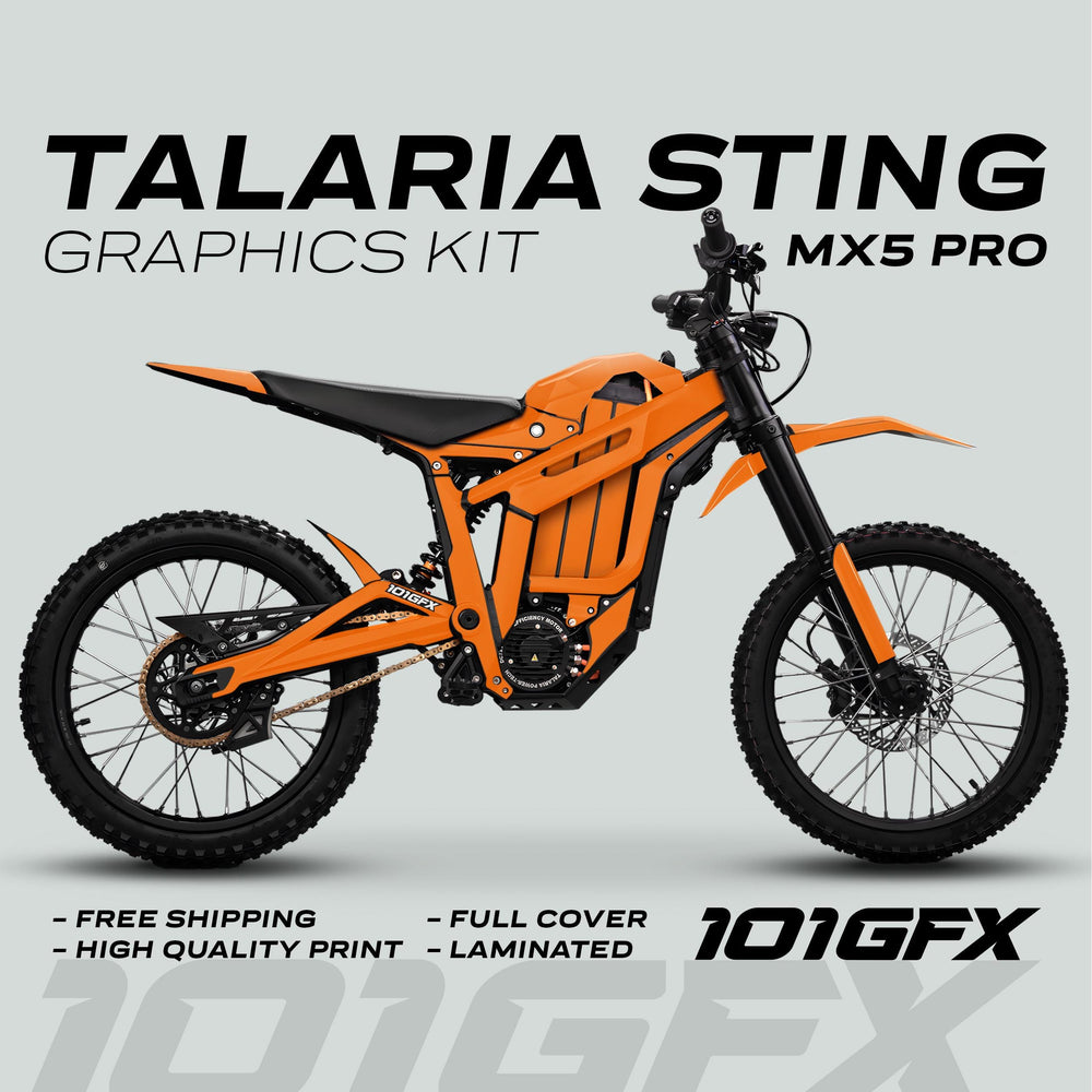 Talaria Sting MX5 PRO Graphics Kit SOLID COLOR Orange Decals on an electric off-road bike, showcasing full coverage and high-quality print in a promotional mock-up by 101GFX.