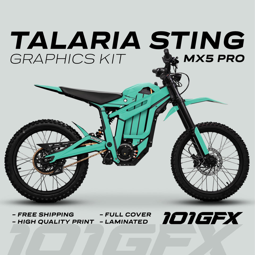 Talaria Sting MX5 PRO Graphics Kit SOLID COLOR Mint Decals on an electric off-road bike, highlighting full coverage, high-quality print, free shipping, and durability.