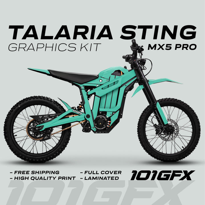 Talaria Sting MX5 PRO Graphics Kit SOLID COLOR Mint Decals on an electric off-road bike, highlighting full coverage, high-quality print, free shipping, and durability.