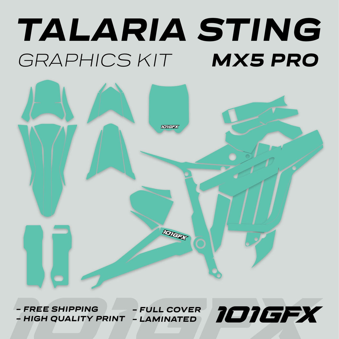 Talaria Sting MX5 PRO Graphics Kit SOLID COLOR Mint Decals, showing full-cover teal vinyl decals for the e-bike, including fork guards and frame covers, branded “101GFX.”