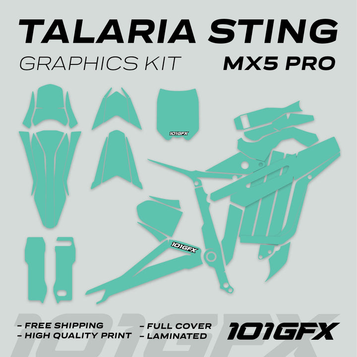 Talaria Sting MX5 PRO Graphics Kit SOLID COLOR Mint Decals, showing full-cover teal vinyl decals for the e-bike, including fork guards and frame covers, branded “101GFX.”