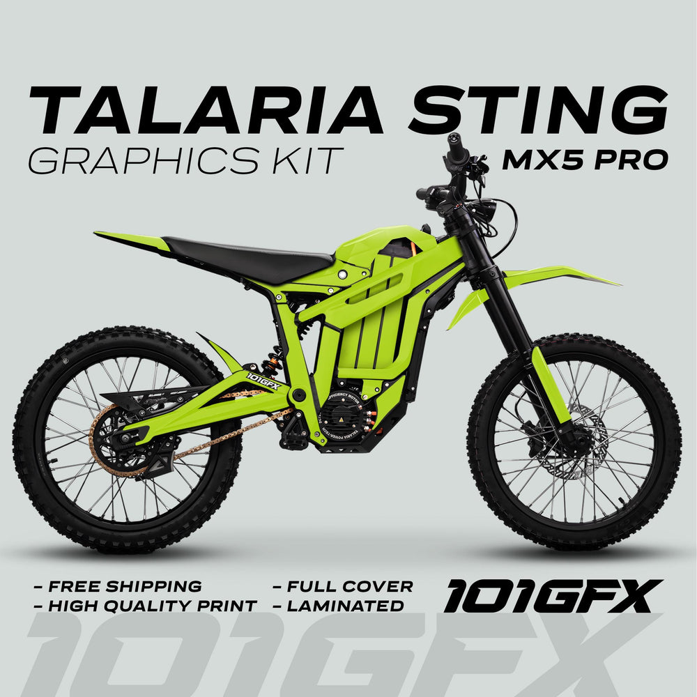 Talaria Sting MX5 PRO Graphics Kit SOLID COLOR Green Decals on electric off-road bike, showcasing full coverage, knobby tires, and callouts: Free Shipping, High Quality Print.