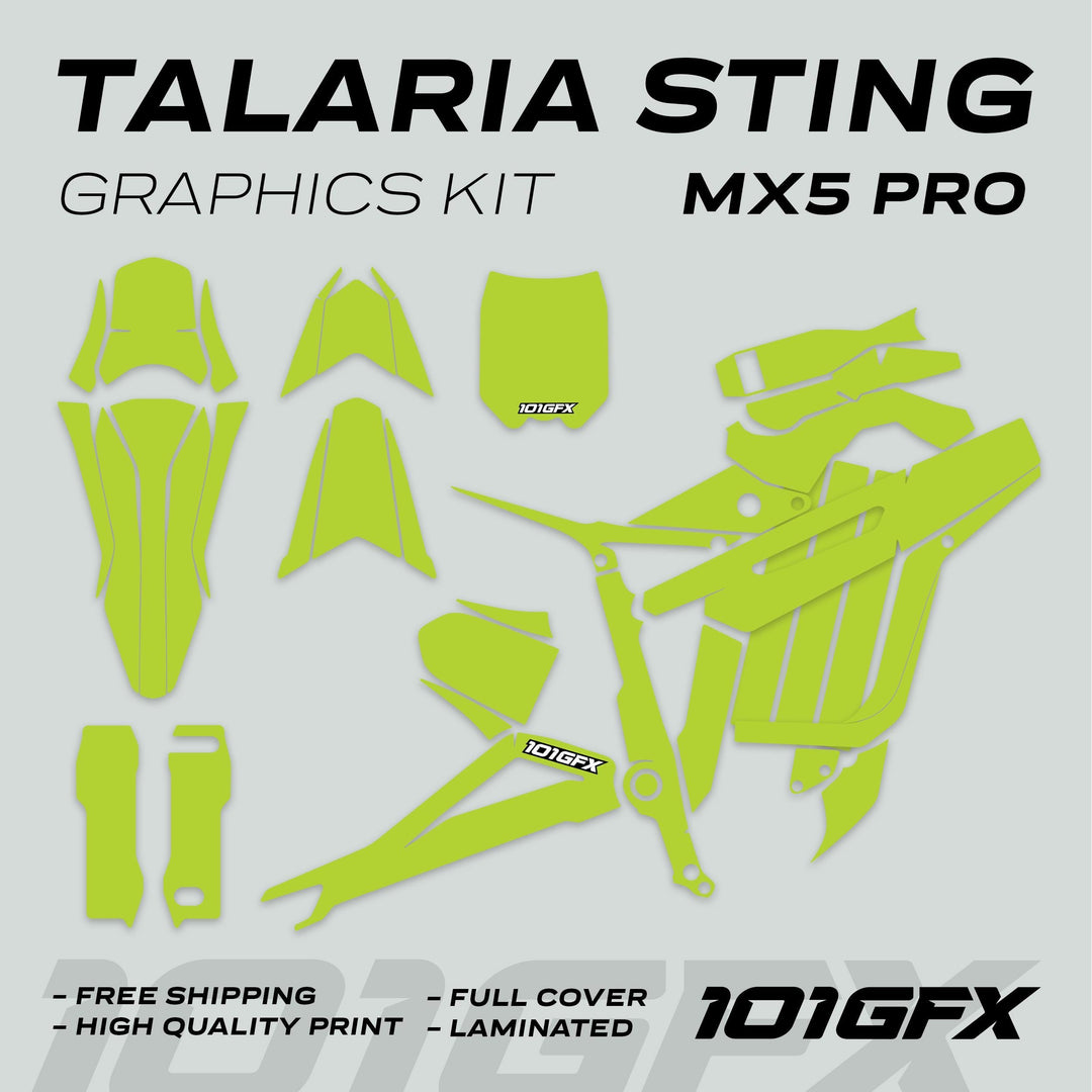 Talaria Sting MX5 PRO Graphics Kit SOLID COLOR Green Decals laid out with text: “Free shipping,” “High quality print,” “Full cover,” “Laminated.”