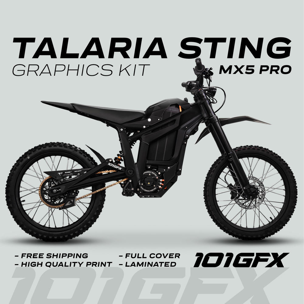 Talaria Sting MX5 PRO Graphics Kit SOLID COLOR BLACK Decals on black electric dirt-bike, highlighting free shipping, high-quality print, full cover, laminated finish. 101GFX logo displayed.