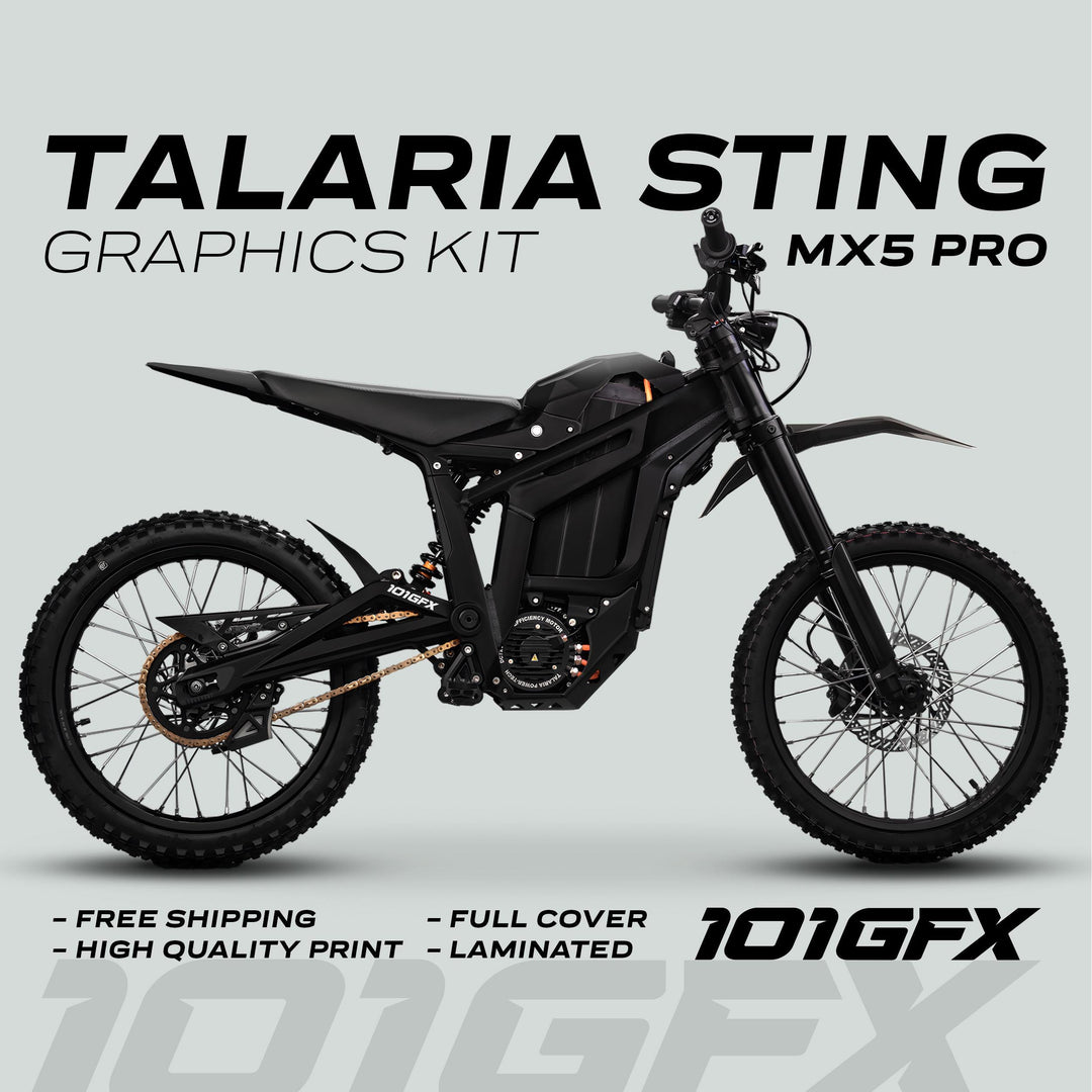 Talaria Sting MX5 PRO Graphics Kit SOLID COLOR BLACK Decals on black electric dirt-bike, highlighting free shipping, high-quality print, full cover, laminated finish. 101GFX logo displayed.