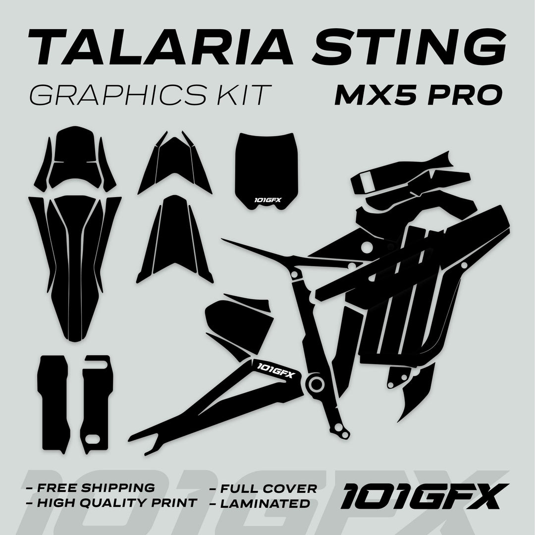 Talaria Sting MX5 PRO Graphics Kit SOLID COLOR BLACK Decals mock-up, featuring silhouette shapes of decals on a light gray background, highlighting features like full coverage and high quality.