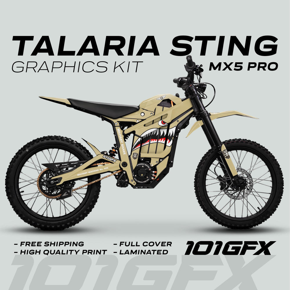 Talaria Sting MX5 PRO Graphics Kit MILITARY SHARK Sand Decals featuring shark-mouth artwork, full coverage, laminated, with highlights on free shipping and high-quality print.