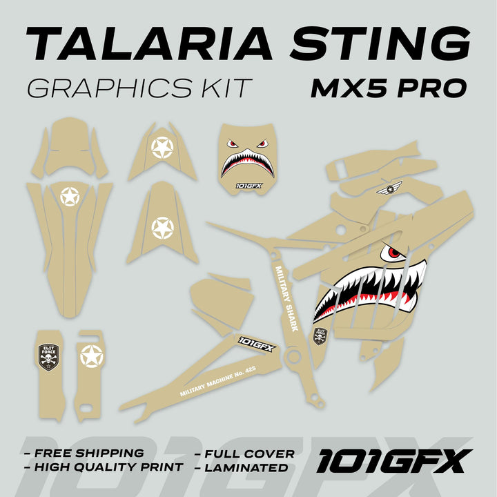 Talaria Sting MX5 PRO Graphics Kit MILITARY SHARK Sand Decals featuring shark-mouth motif, star insignias, and military-themed texts, laid out for full scooter coverage.