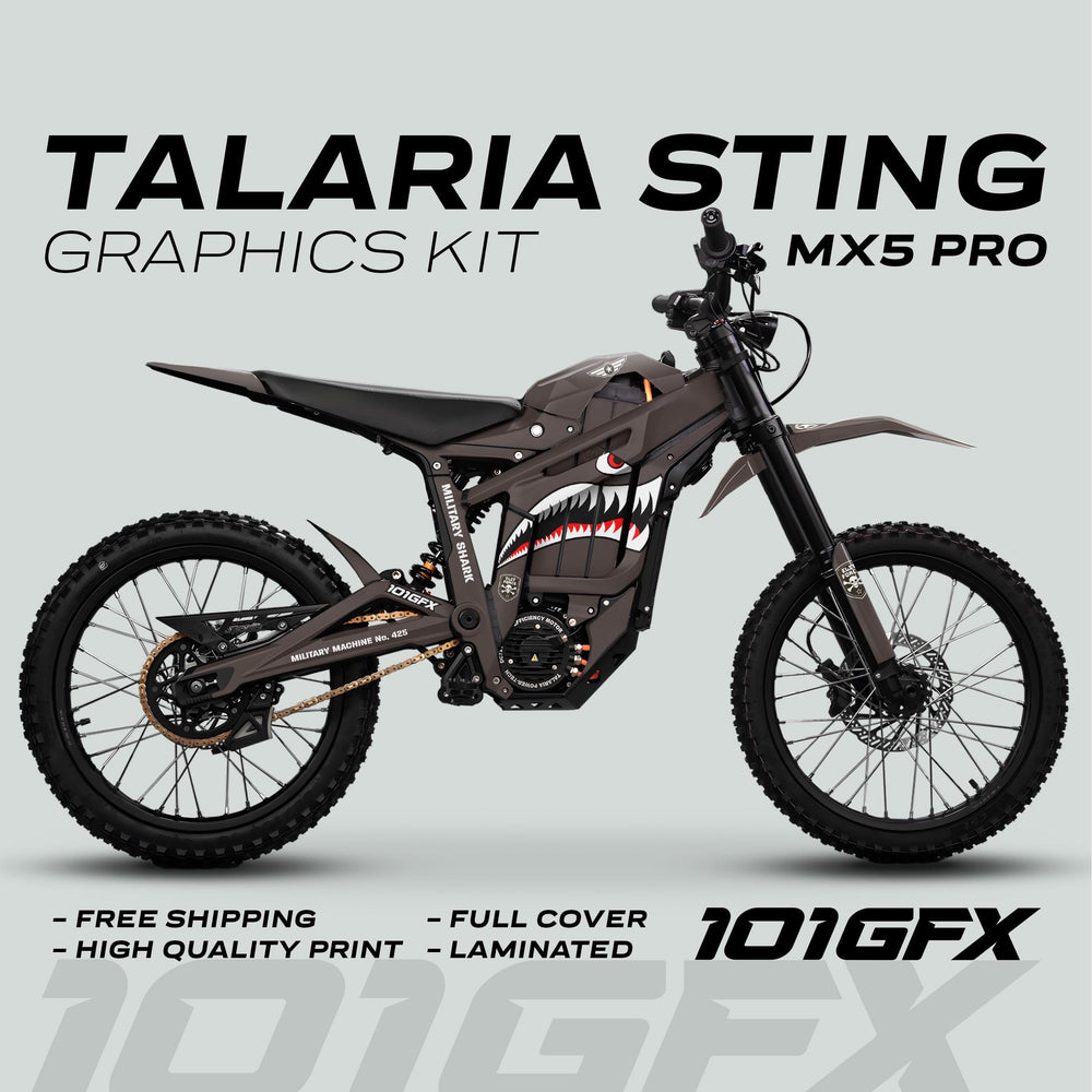 Talaria Sting MX5 PRO Graphics Kit MILITARY SHARK Earth Decals featuring shark-mouth artwork, full coverage, and high-quality print, with benefits like free shipping and easy installation.