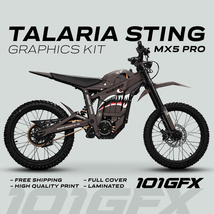 Talaria Sting MX5 PRO Graphics Kit MILITARY SHARK Earth Decals featuring shark-mouth artwork, full coverage, and high-quality print, with benefits like free shipping and easy installation.