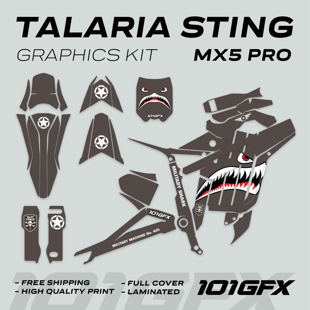Talaria Sting MX5 PRO Graphics Kit MILITARY SHARK Earth Decals, featuring shark-mouth motif, military stencils, and 101GFX branding, includes full bike frame coverage.