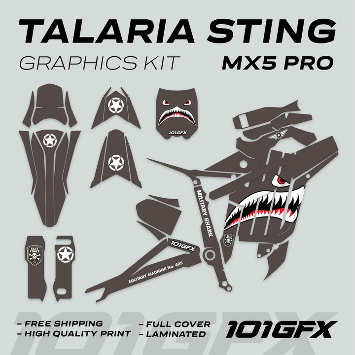 Talaria Sting MX5 PRO Graphics Kit MILITARY SHARK Earth Decals, featuring shark-mouth motif, military stencils, and 101GFX branding, includes full bike frame coverage.
