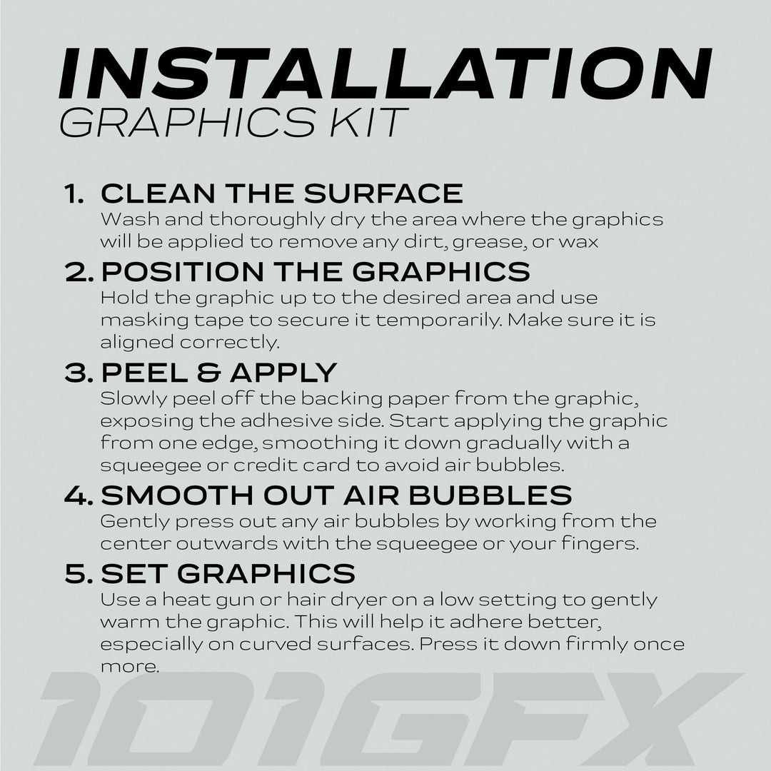 Step-by-step guide for installing Talaria Sting MX5 PRO Graphics Kit MILITARY SHARK Earth Decals, highlighting surface cleaning, alignment, application, smoothing, and setting techniques for optimal adhesion.