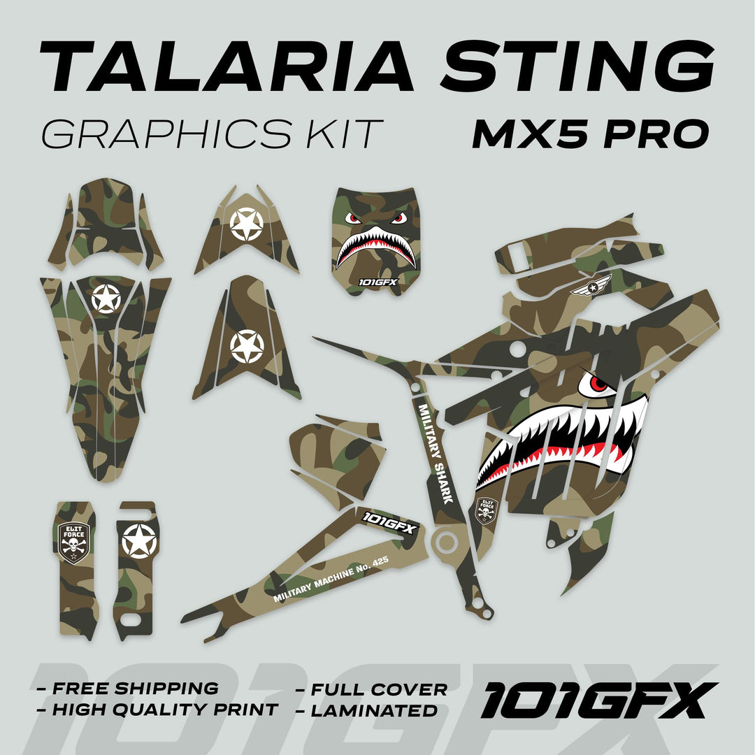 Talaria Sting MX5 PRO Graphics Kit MILITARY SHARK Camo Decals showing camo-patterned vinyl pieces, shark-mouth art, insignias, and “Military Shark” text for dirt bike customization.