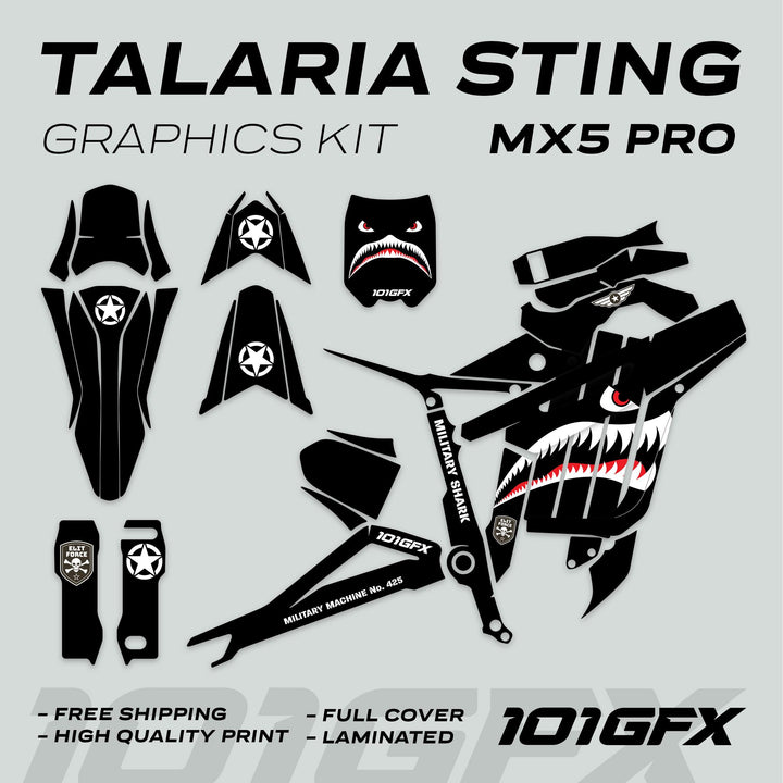 Talaria Sting MX5 PRO Graphics Kit MILITARY SHARK Black Decals featuring military shark theme, full coverage, with star insignias and text elements, enhancing scooter aesthetics.
