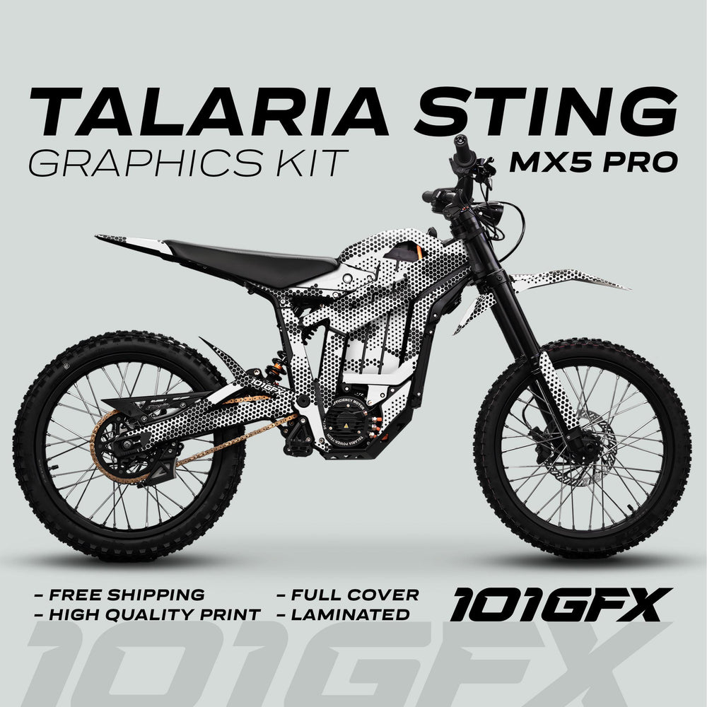 Talaria Sting MX5 PRO Graphics Kit HEXOCAM WHITE Decals on display, highlighting full bike coverage, high-quality print, and features like free shipping and easy installation.