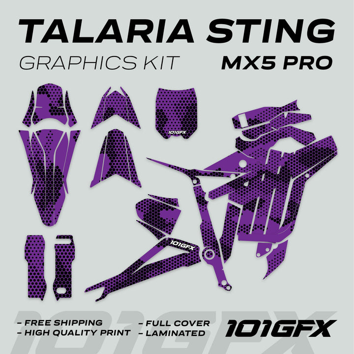Talaria Sting MX5 PRO Graphics Kit HEXOCAM PURPLE Decals laid flat, showcasing full coverage design and features like glossy finish and durability for easy application.