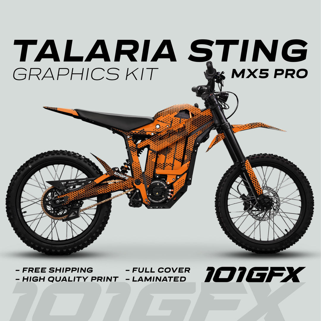 Talaria Sting MX5 PRO Graphics Kit HEXOCAM ORANGE Decals on dirt-bike; features full coverage, high-quality print, easy application, and free shipping.
