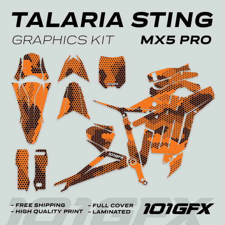 Talaria Sting MX5 PRO Graphics Kit HEXOCAM ORANGE Decals shown with cut-out vinyl pieces, promoting full coverage, durability, and easy application.