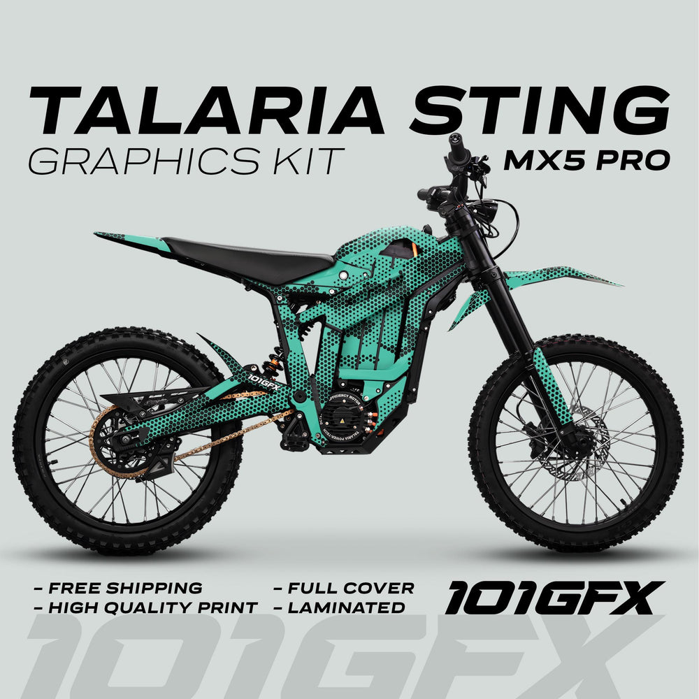 Talaria Sting MX5 PRO Graphics Kit HEXOCAM MINT Decals mocked-up, showcasing teal-and-black design, highlighting features like full cover, laminated, high quality, and free shipping.