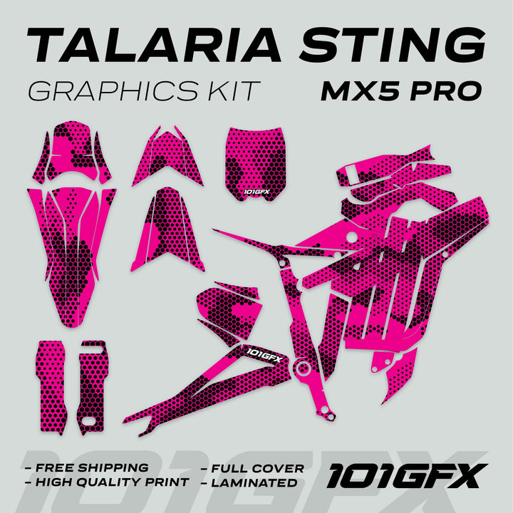 Talaria Sting MX5 PRO Graphics Kit HEXOCAM MAGENTA Decals laid out, displaying vinyl pieces like fender wraps and fork-guard skins with a honeycomb design.