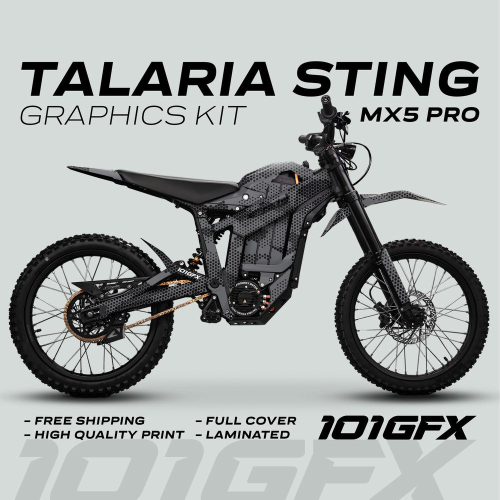 Talaria Sting MX5 PRO Graphics Kit HEXOCAM GREY Decals on bike, highlighting stylish, full-cover design with features like high-quality print, laminated finish, and free shipping.