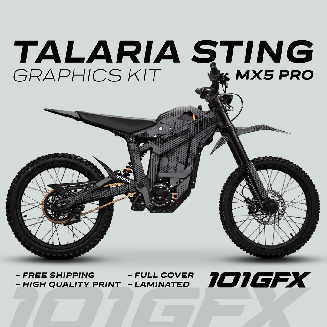 Talaria Sting MX5 PRO Graphics Kit HEXOCAM GREY Decals on bike, highlighting stylish, full-cover design with features like high-quality print, laminated finish, and free shipping.